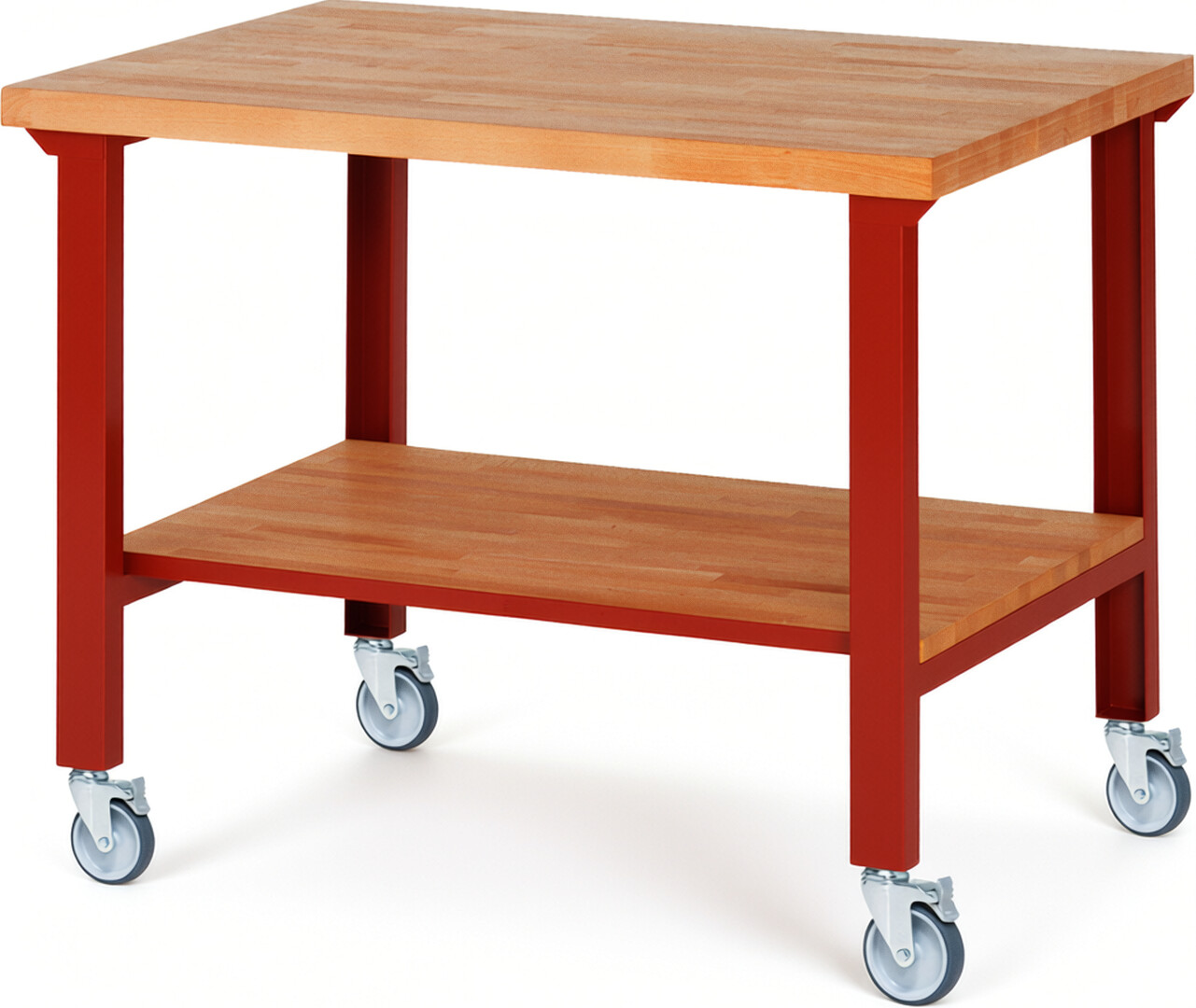 Fahrbare Werkbank Modell 7000 rot, BxTxH 1250x900x1000 mm,  Buche-Massiv Arbeitsplatte 40 mm