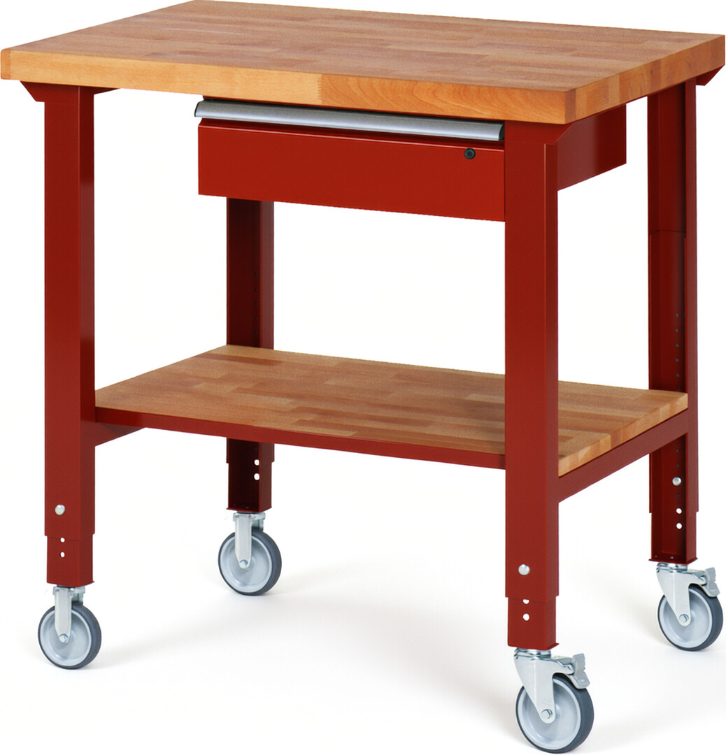 Fahrbare Werkbank Modell 7001 rot, BxTxH 1000x700x950-1000 mm,  Buche-Massiv Arbeitsplatte 40 mm,  1 Schublade mit  Auszug 90 %