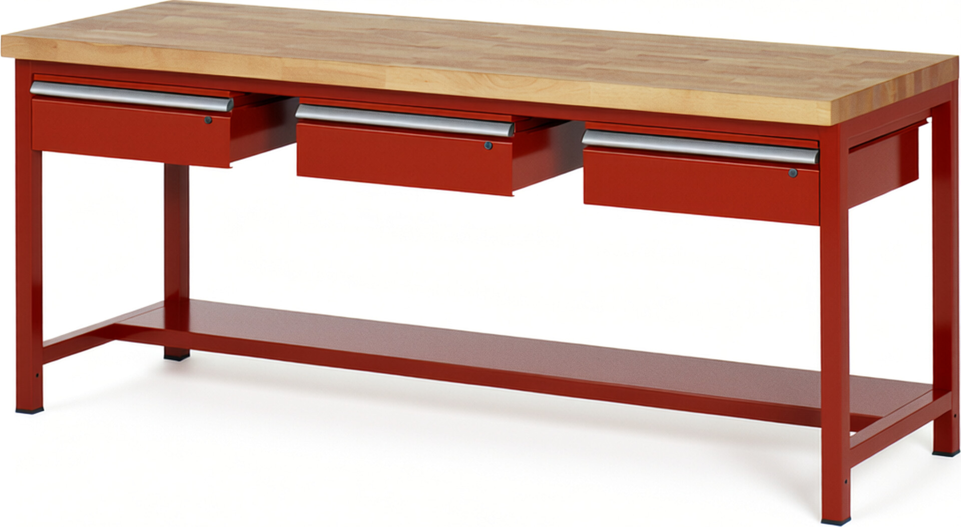 Werkbank Modell 8003 rot, BxTxH 2000x900x840 mm,  Buche-Massiv Arbeitsplatte 40 mm,  3 Schubladen mit  Auszug 90 %