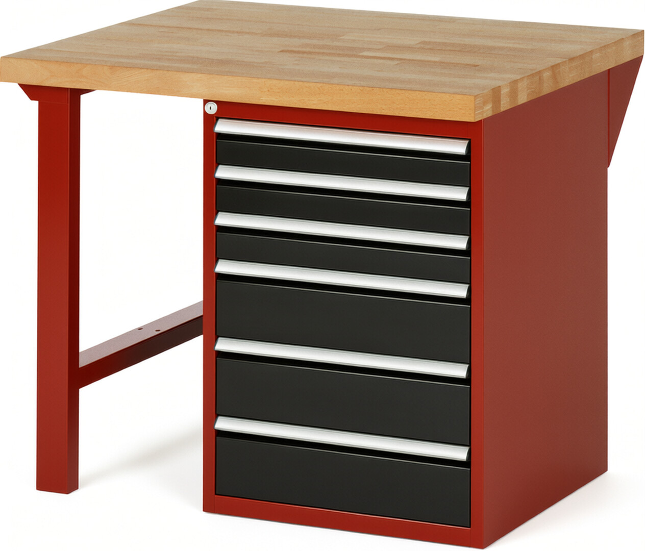 Werkbank Modell 7515 rot - schwarz, BxTxH 1000x900x890 mm,  Buche-Massiv Arbeitsplatte 40 mm,  6 Schubladen mit  Vollauszug 100 % und  SoftClosing