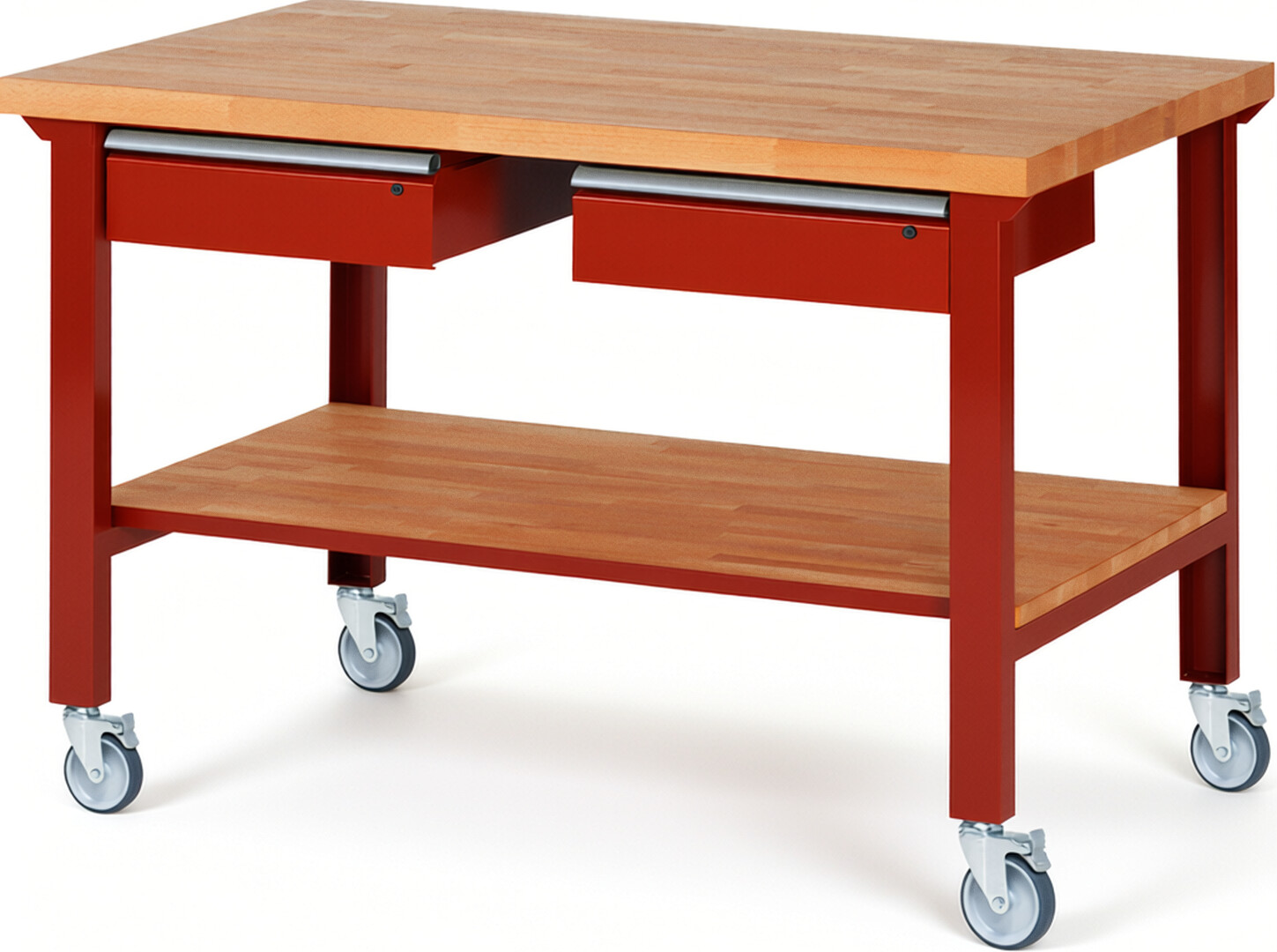 RAU Werkbank rot - Breite 150 cm - Tiefe 90 cm - Höhe 100 cm - Buche-Massiv Arbeitsplatte 40 mm