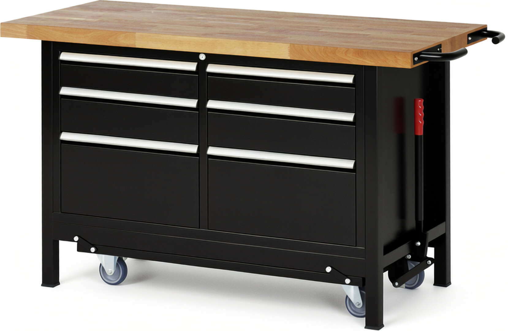 Absenkbare Werkbank Modell 8475 schwarz, BxTxH 1500x700x880 mm,  Buche-Massiv Arbeitsplatte 40 mm,  6 Schubladen mit  Vollauszug 100 % und  SoftClosing