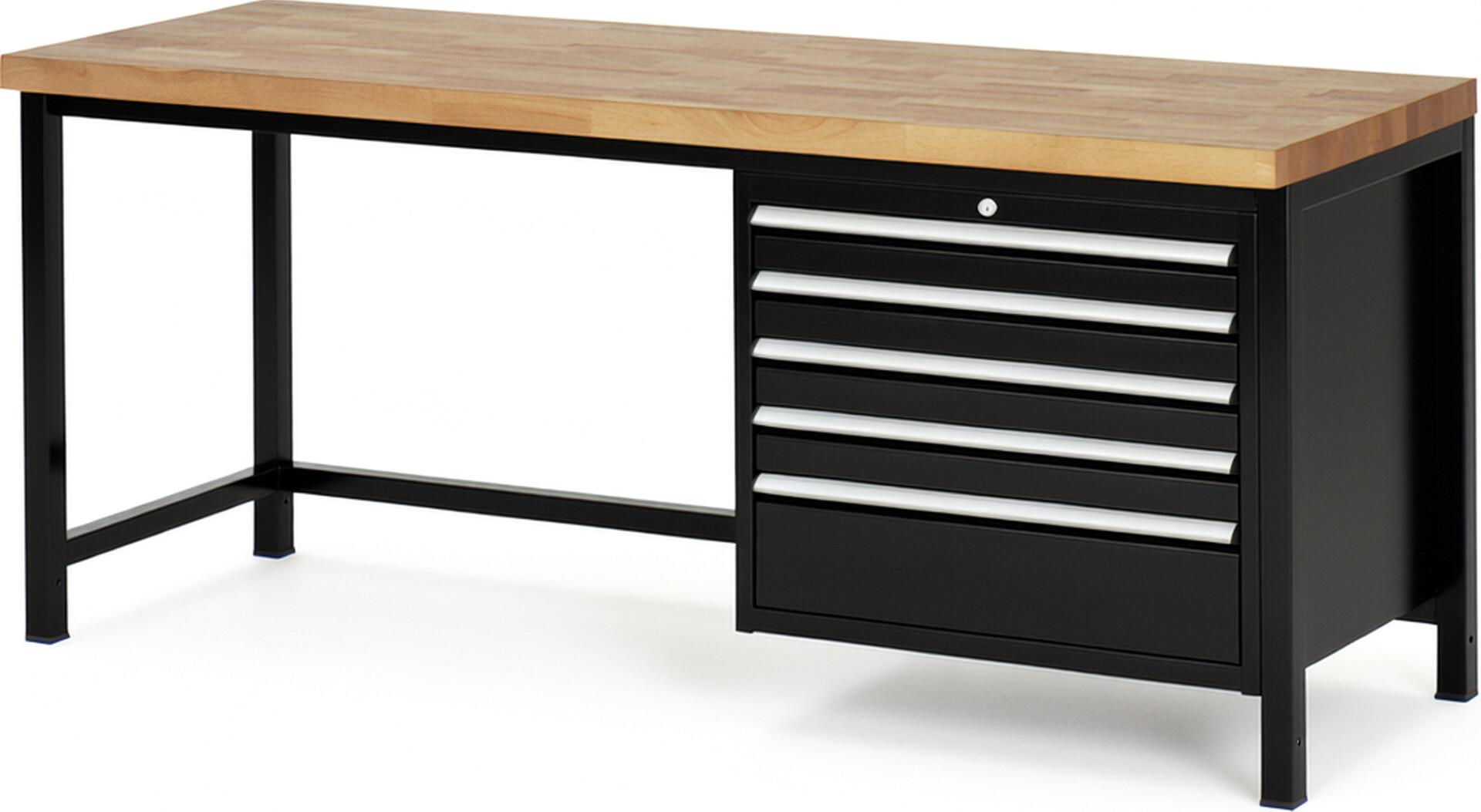 Werkbank Modell 8268 schwarz, BxTxH 2000x700x840-1040 mm,  Buche-Massiv Arbeitsplatte 40 mm,  5 Schubladen mit  Auszug 90 %