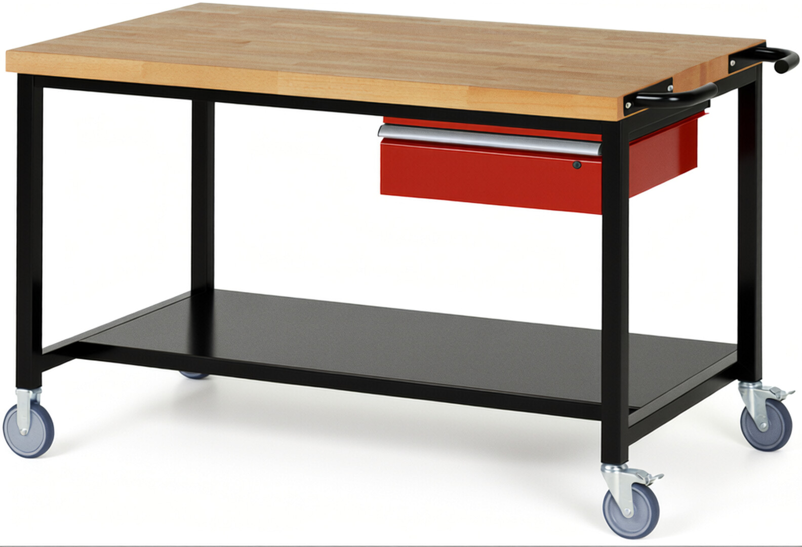 RAU Werkbank schwarz - rot - Breite 150 cm - Tiefe 90 cm - Höhe 108 cm - Buche-Massiv Arbeitsplatte 40 mm