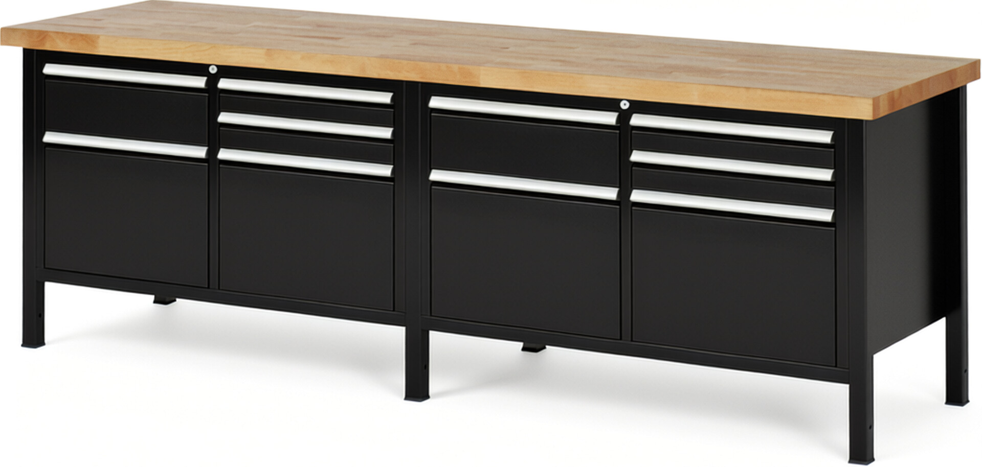 Werkbank Modell 8472 schwarz, BxTxH 2500x700x840-1040 mm,  Buche-Massiv Arbeitsplatte 40 mm,  10 Schubladen mit  Vollauszug 100 % und  SoftClosing
