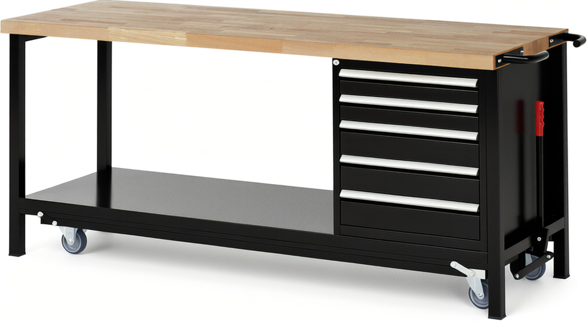 Absenkbare Werkbank Modell 8171 schwarz, BxTxH 2000x700x880 mm,  Buche-Massiv Arbeitsplatte 40 mm,  5 Schubladen mit  Auszug 90 %