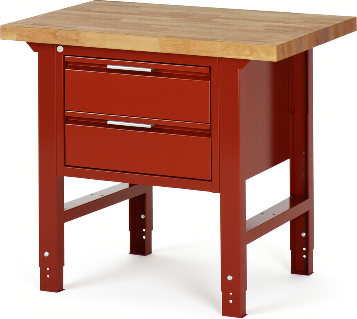 Werkbank rot, BxTxH 1000x700x790-1140 mm, Platte Buche 40 mm 40 mm, 2 Schubladen 180 mm, RAL 3000/3000