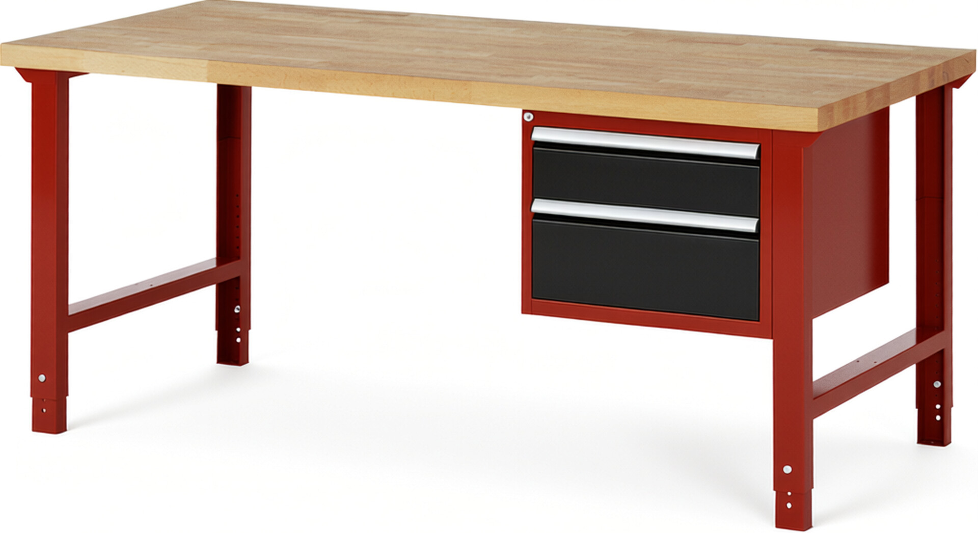 Werkbank Modell 7123 rot - schwarz, BxTxH 2000x900x790-1140 mm,  Buche-Massiv Arbeitsplatte 40 mm,  2 Schubladen mit  Vollauszug 100 % und  SoftClosing