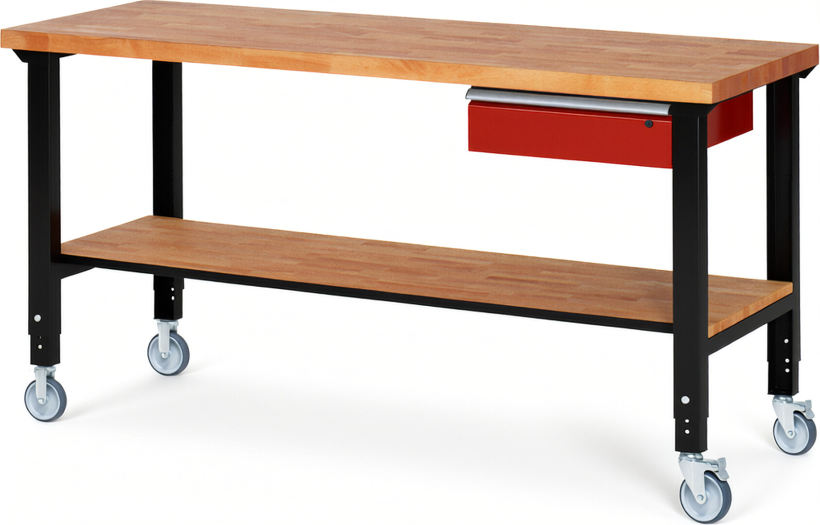 Fahrbare Werkbank Modell 7001 schwarz-rot, BxTxH 2000x700x950-1000 mm,  Buche-Massiv Arbeitsplatte 40 mm,  1 Schublade mit  Auszug 90 %
