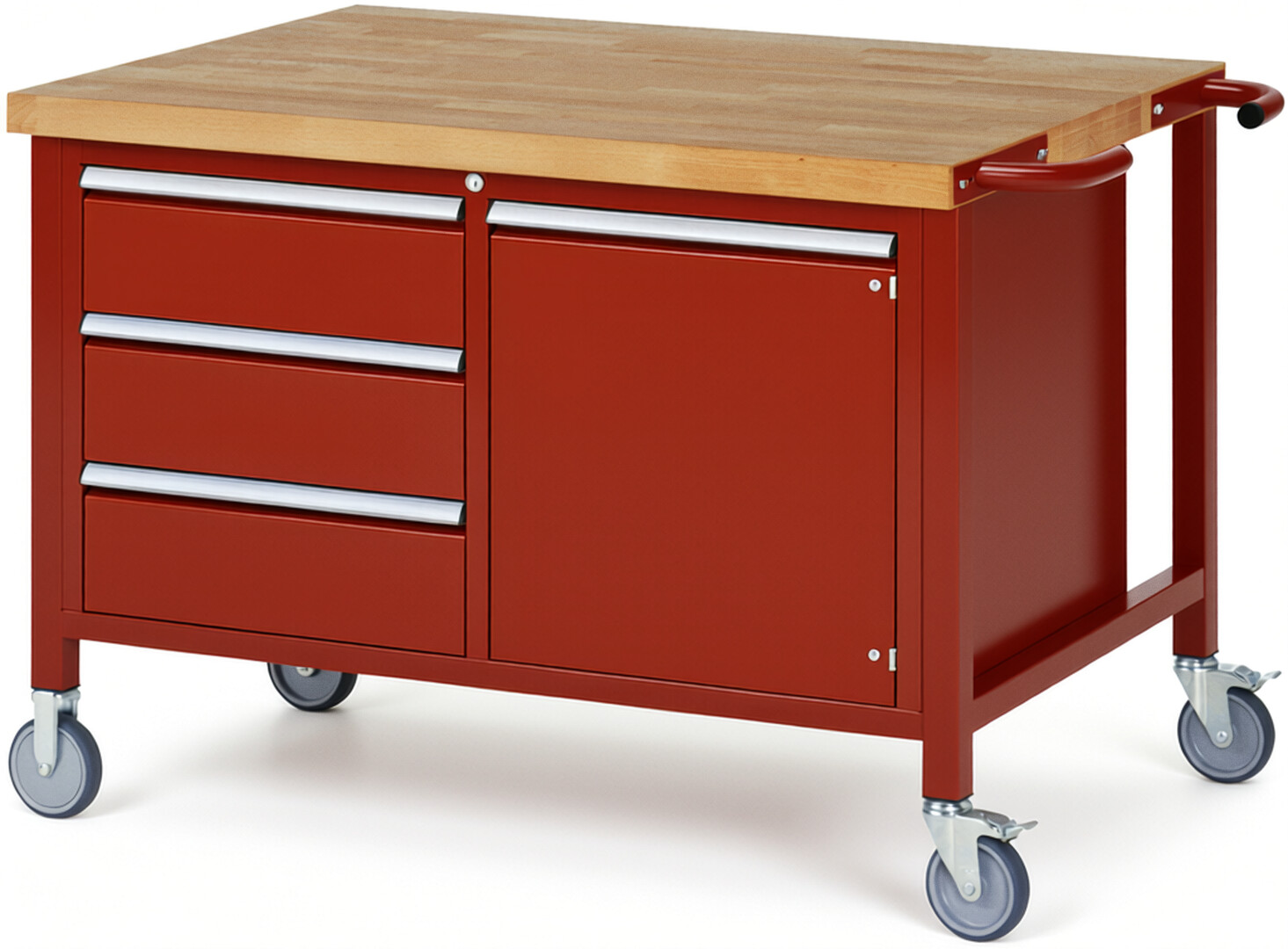 Fahrbare Werkbank Modell 8468 rot, BxTxH 1250x900x880-1080 mm,  Buche-Massiv Arbeitsplatte 40 mm,  3 Schubladen mit  Vollauszug 100 % und  SoftClosing