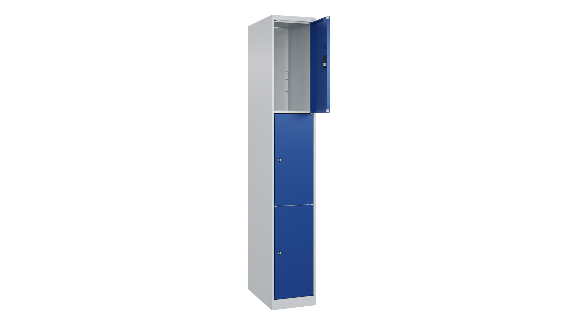 Fächerschrank, BxTxH 300x500x1.850 mm, 1x3 Fächer, Abteilbreite 300 mm, bodenstehend, Schloss, glatte Türen, RAL 7035/5010