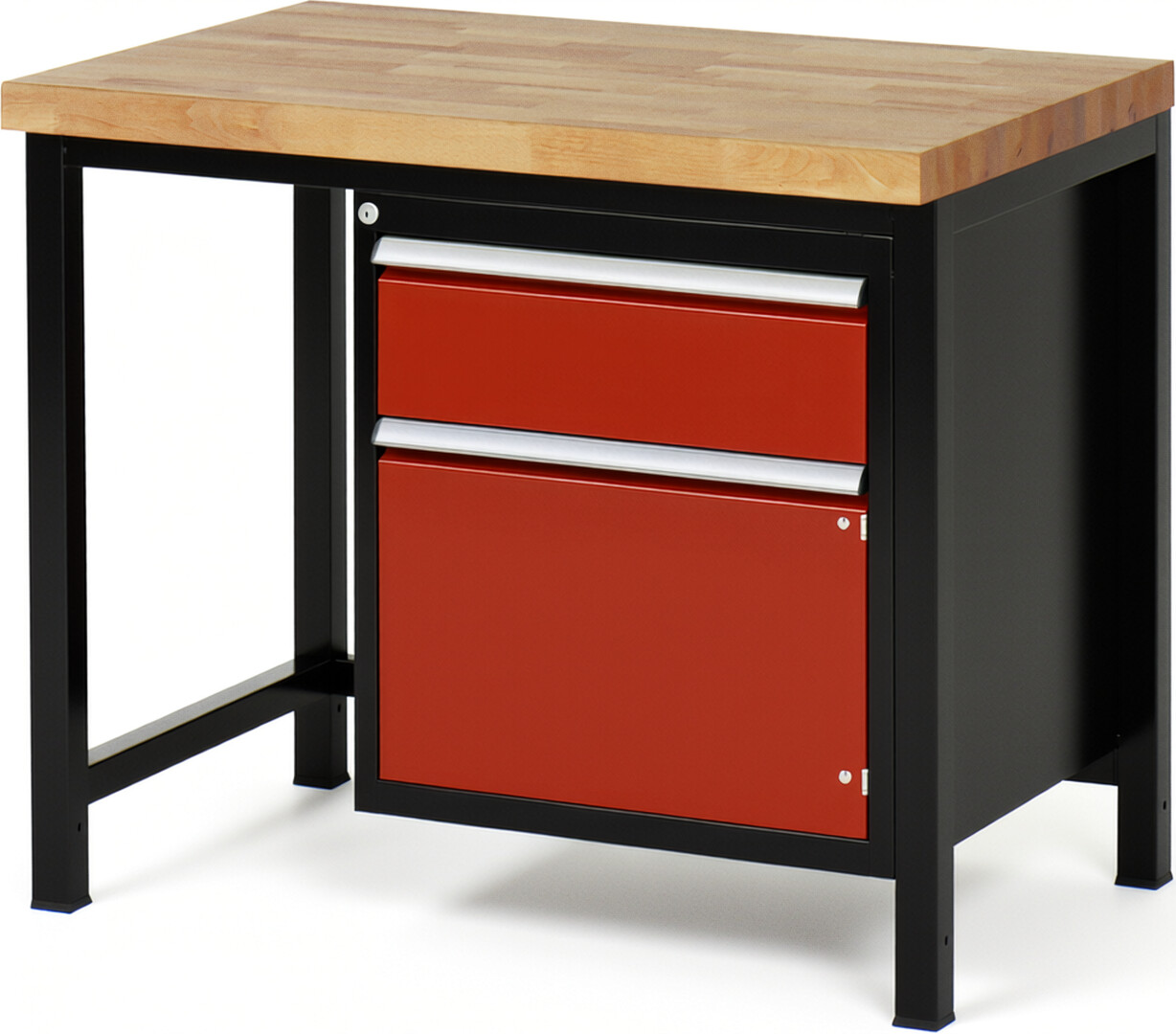 Werkbank Modell 8152 schwarz-rot, BxTxH 1000x700x840-1040 mm,  Buche-Massiv Arbeitsplatte 40 mm,  1 Schublade mit  Vollauszug 100 % und  SoftClosing