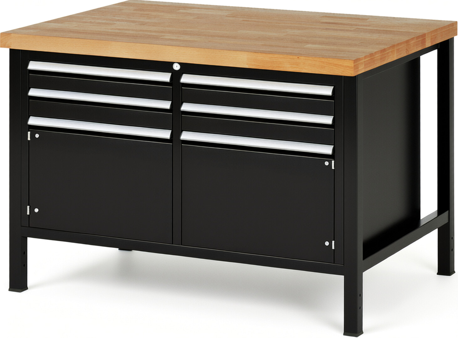 Werkbank Modell 8469 schwarz, BxTxH 1250x900x840-1040 mm,  Buche-Massiv Arbeitsplatte 40 mm,  4 Schubladen mit  Auszug 90 %
