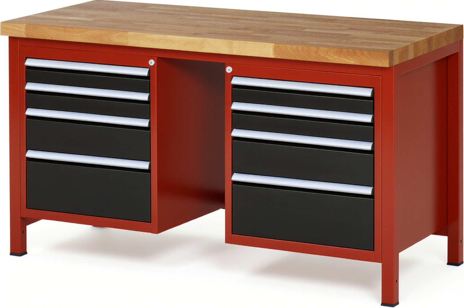 Werkbank Modell 8182 rot - schwarz, BxTxH 1500x700x840 mm,  Buche-Massiv Arbeitsplatte 40 mm,  8 Schubladen mit  Auszug 90 %