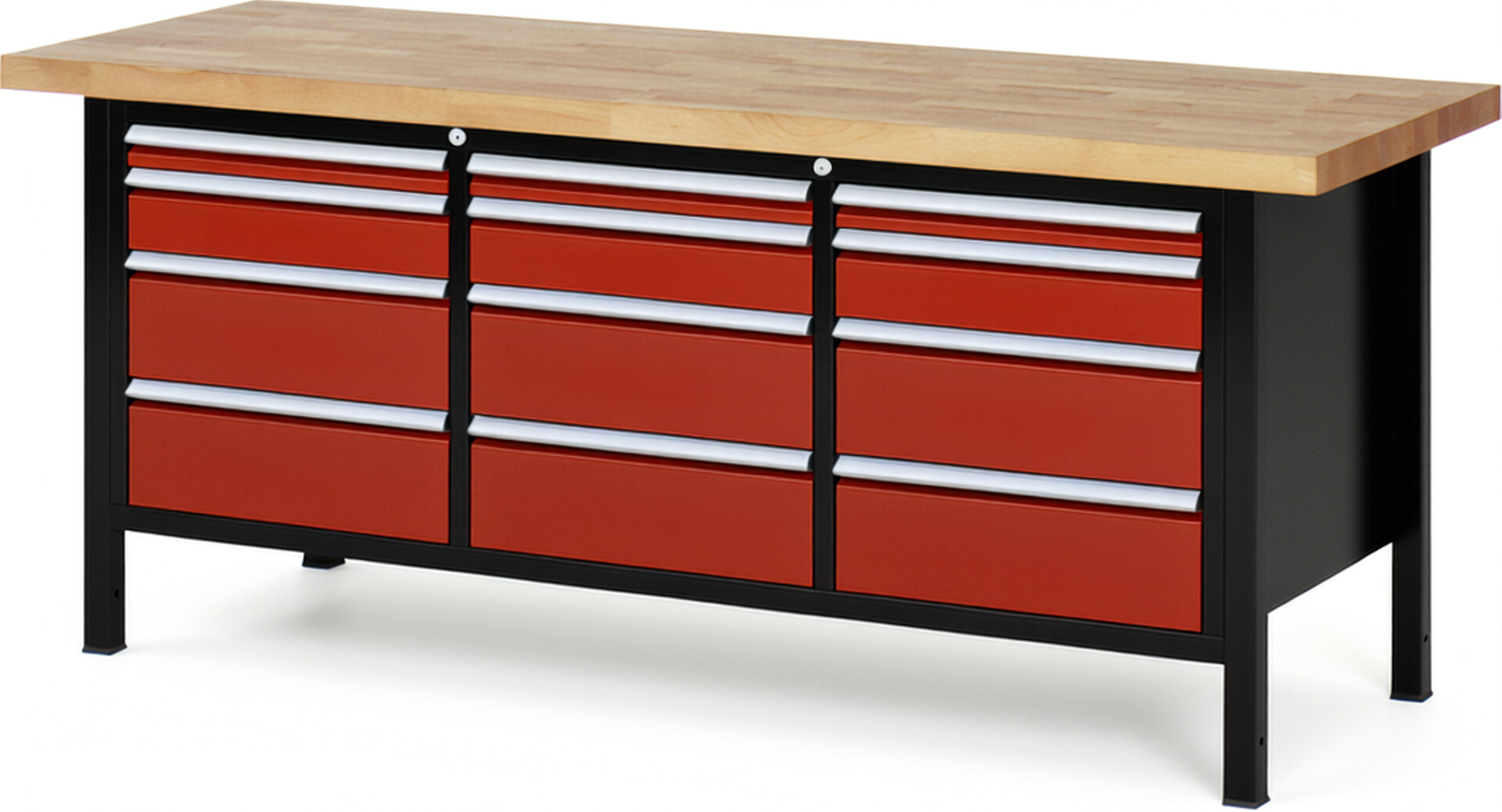 RAU Werkbank schwarz - rot - Breite 200 cm - Tiefe 70 cm - Höhe 104 cm - Buche-Massiv Arbeitsplatte 40 mm