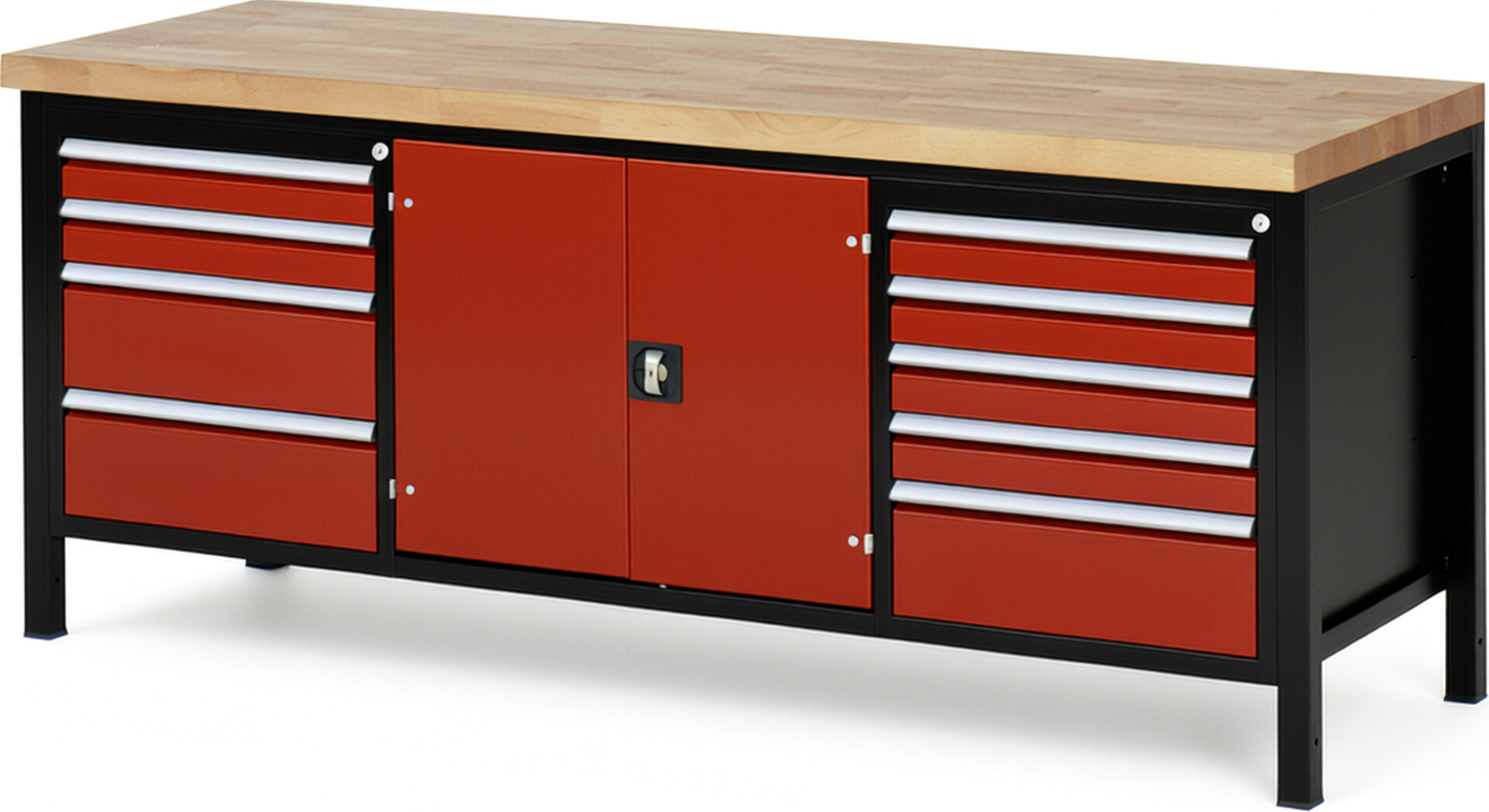 RAU Werkbank schwarz - rot - Breite 200 cm - Tiefe 70 cm - Höhe 104 cm - Buche-Massiv Arbeitsplatte 40 mm