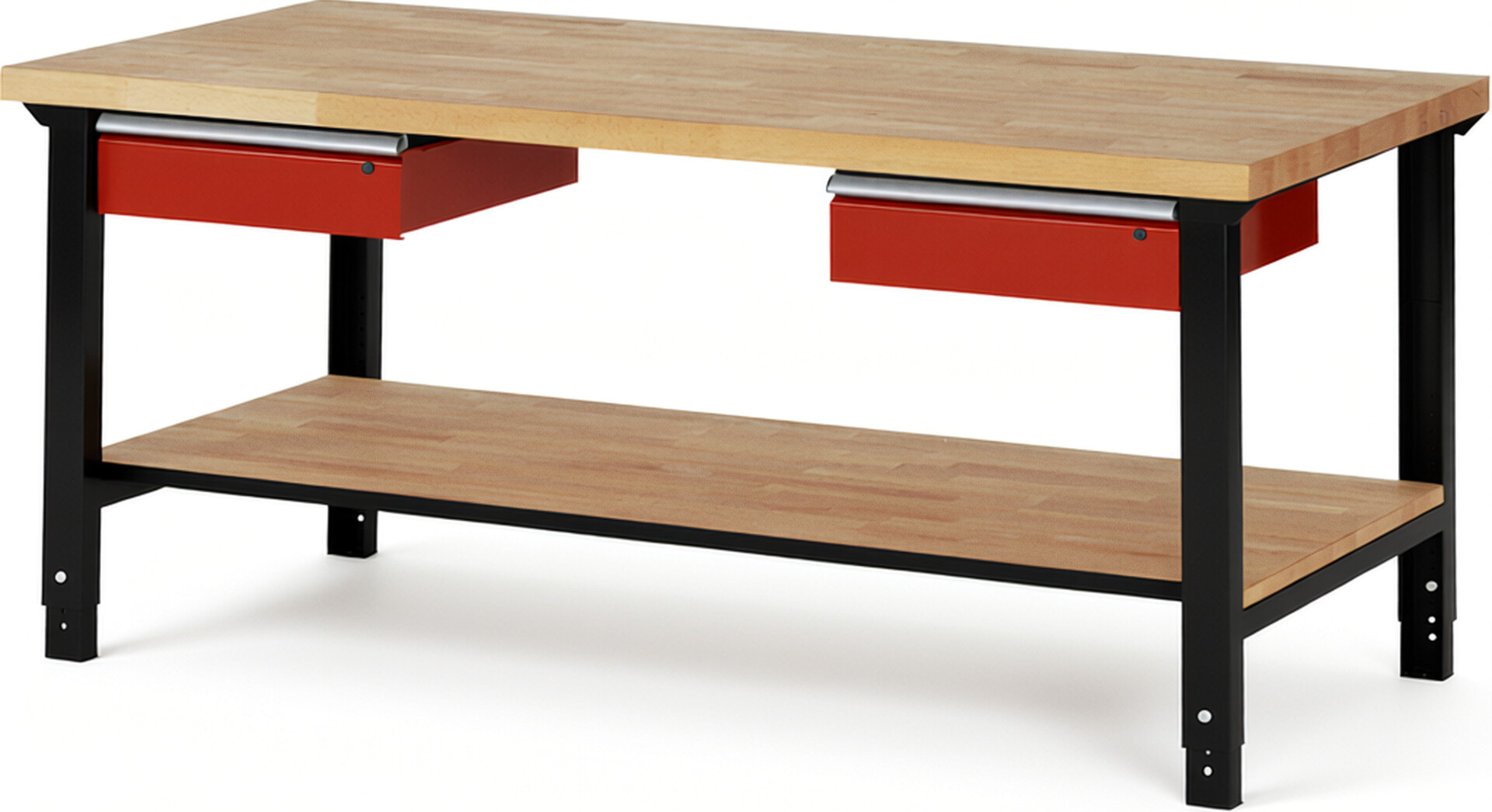RAU Werkbank schwarz - rot - Breite 200 cm - Tiefe 90 cm - Höhe 114 cm - Buche-Massiv Arbeitsplatte 40 mm