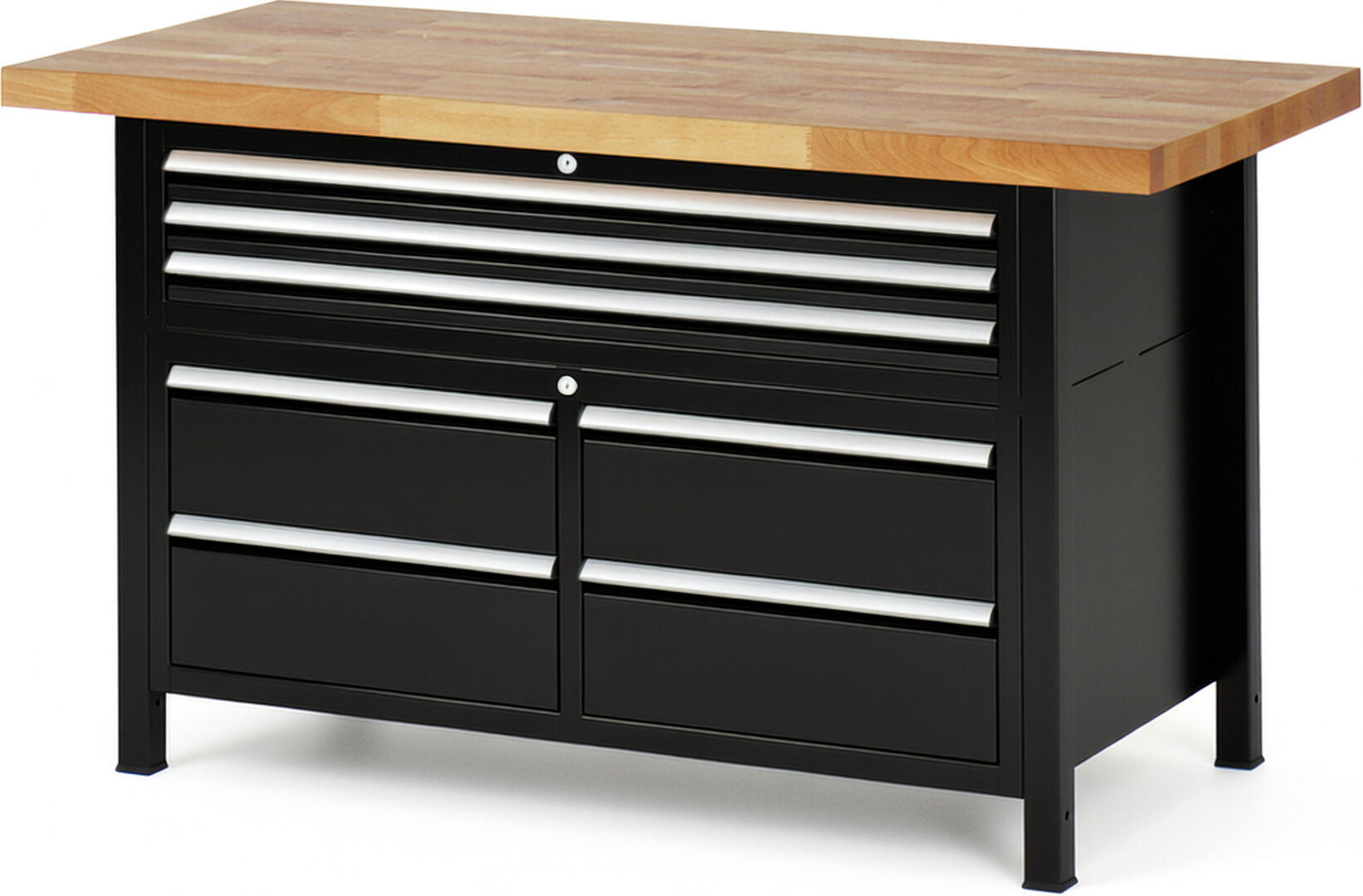 RAU Werkbank schwarz - Breite 150 cm - Tiefe 70 cm - Höhe 104 cm - Buche-Massiv Arbeitsplatte 40 mm