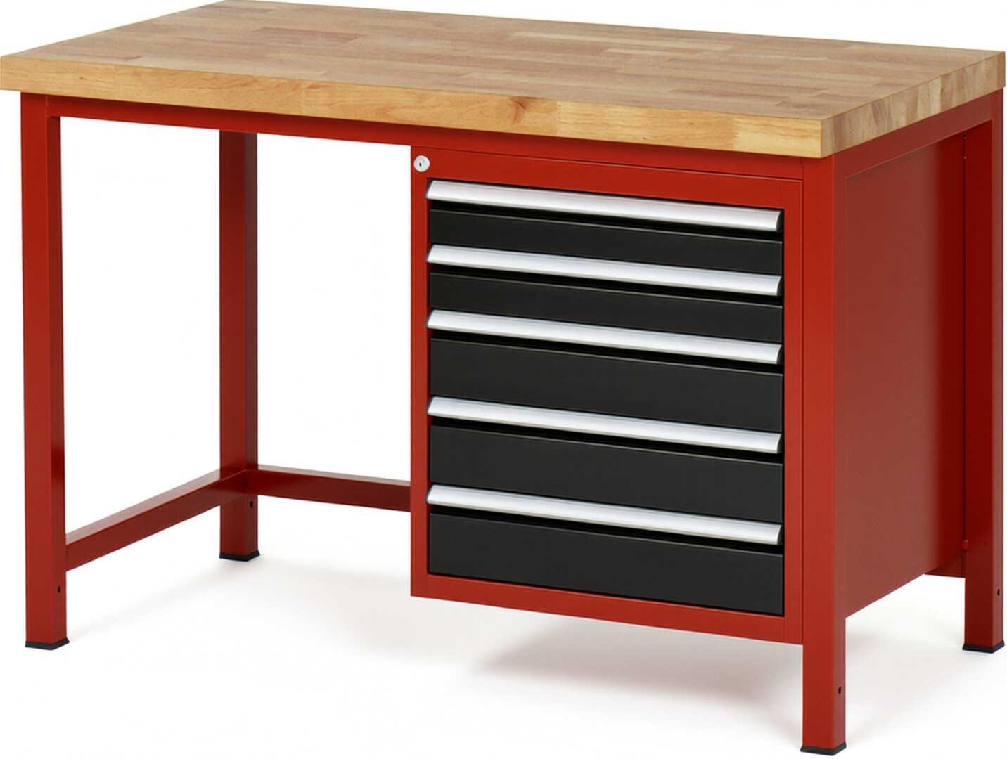 Werkbank Modell 8171 rot - schwarz, BxTxH 1250x700x840 mm,  Buche-Massiv Arbeitsplatte 40 mm,  5 Schubladen mit  Vollauszug 100 % und  SoftClosing