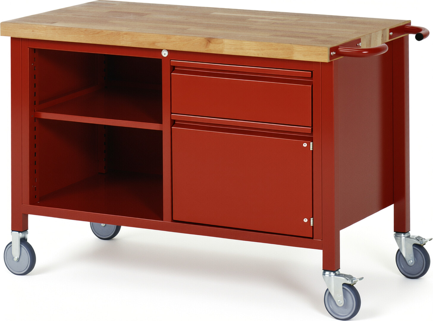 Fahrbare Werkbank - Modell 8461 BASIC rot, BxTxH 1250x700x880 mm,  Buche-Massiv Arbeitsplatte 40 mm,  1 Schublade mit  Auszug 90 %