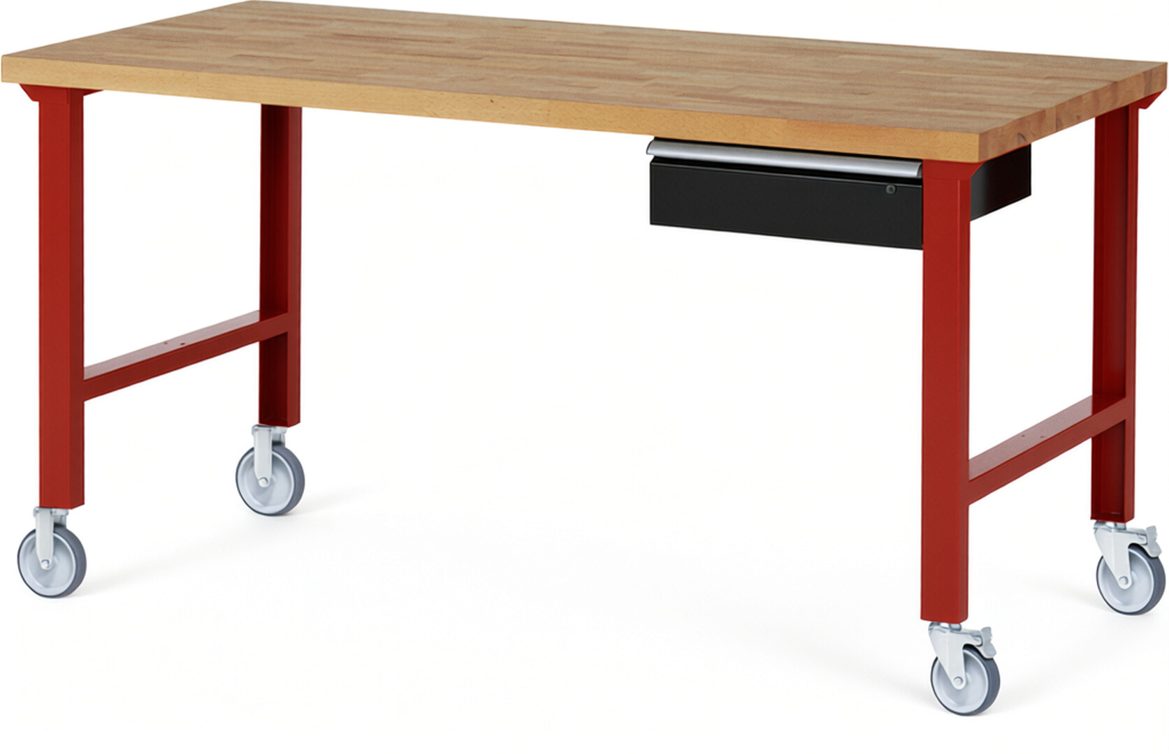 Fahrbare Werkbank Modell 7001 rot - schwarz, BxTxH 2000x900x1000 mm,  Buche-Massiv Arbeitsplatte 40 mm,  1 Schublade mit  Auszug 90 %
