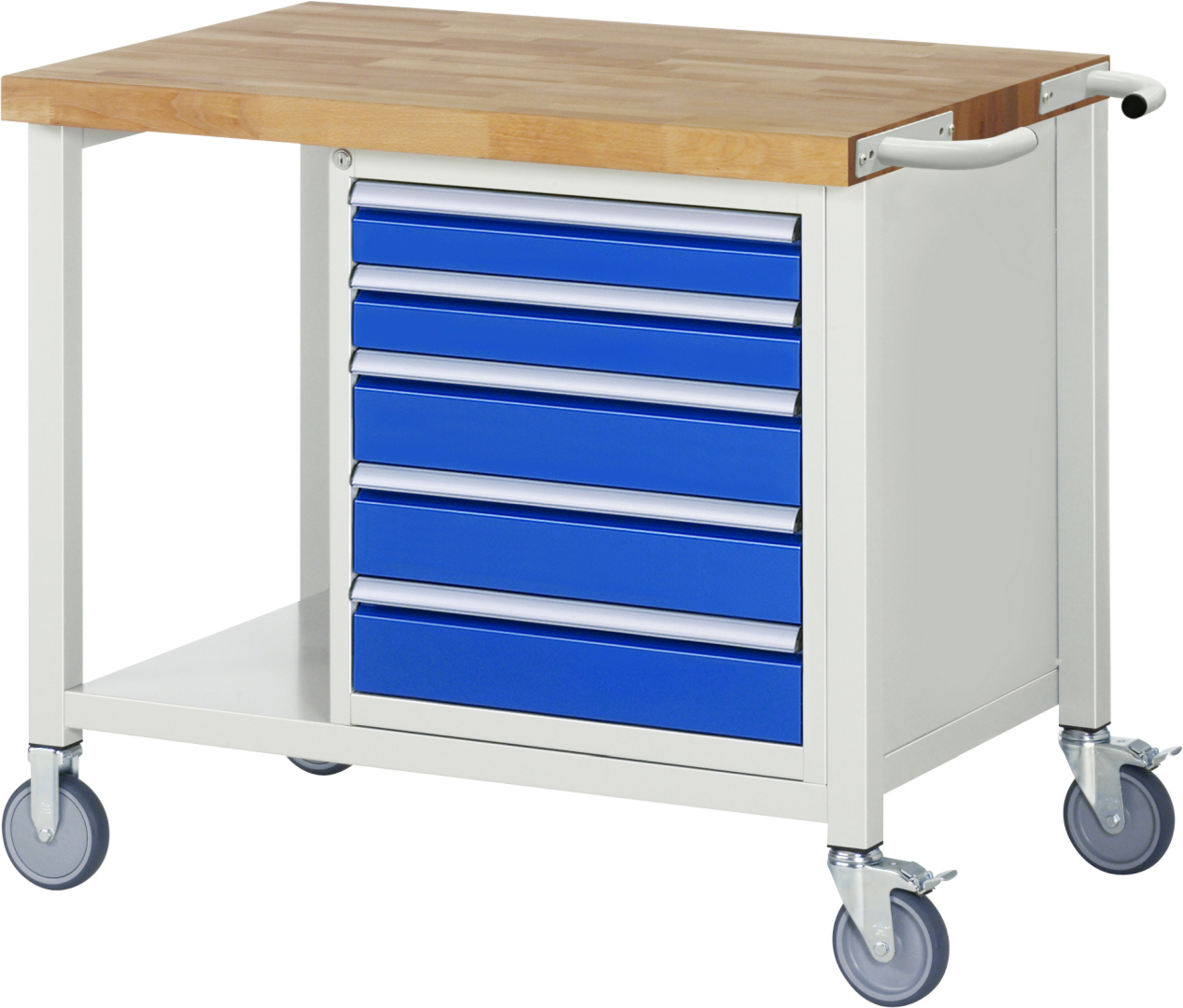 Fahrbare Werkbank Modell 8171,  BxTxH 1000x700x880-1080 mm,  Buche-Massiv Arbeitsplatte 40 mm,  5 Schubladen mit  Vollauszug 100 % und  SoftClosing