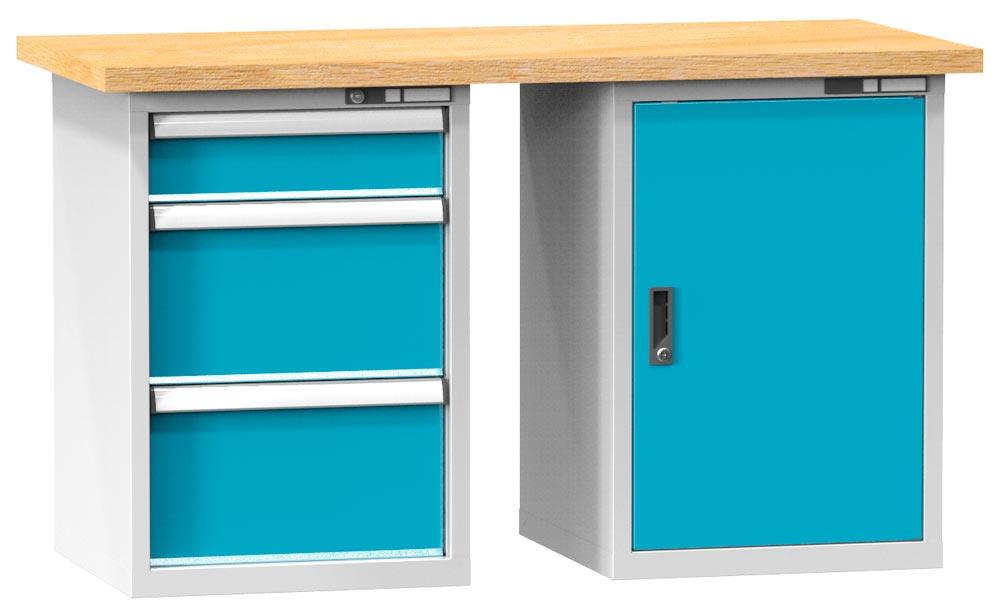 Werkbank, BxTxH 1500x700x880mm, 2 Blöcke, 1 Tür, 3 Schubladen 150, 2x 300 mm, Traglast 1100 kg, RAL 7035/5012