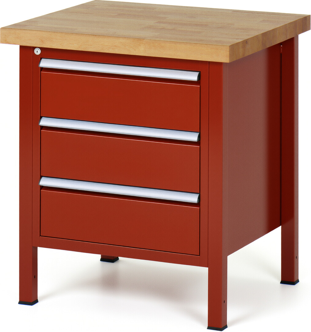 Werkbank Modell 8157 rot, BxTxH 750x700x840-1040 mm,  Buche-Massiv Arbeitsplatte 40 mm,  3 Schubladen mit  Vollauszug 100 % und  SoftClosing