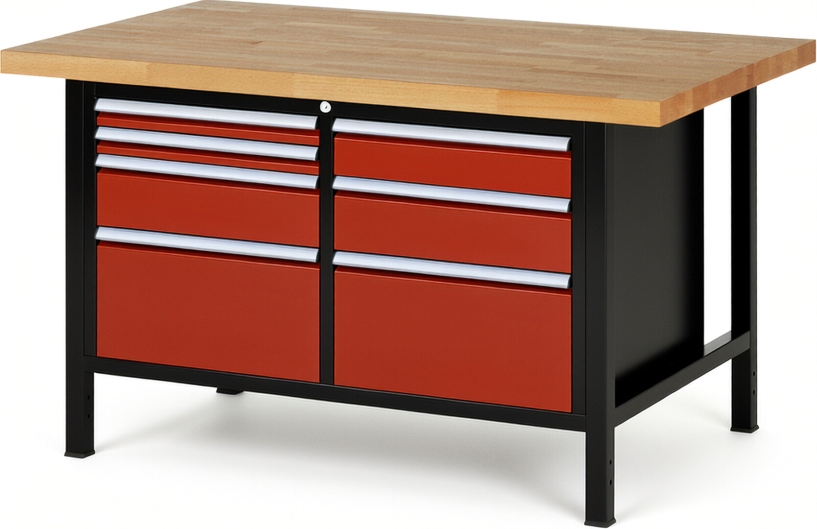 RAU Werkbank schwarz - rot - Breite 150 cm - Tiefe 90 cm - Höhe 84 cm - Buche-Massiv Arbeitsplatte 40 mm