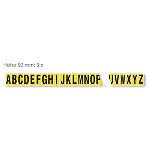 Buchstaben A-Z, selbstklebend, Schrifthöhe 50 mm, VE 208 Etiketten mit 8xA-Z, Schrift schwarz, Etikett gelb