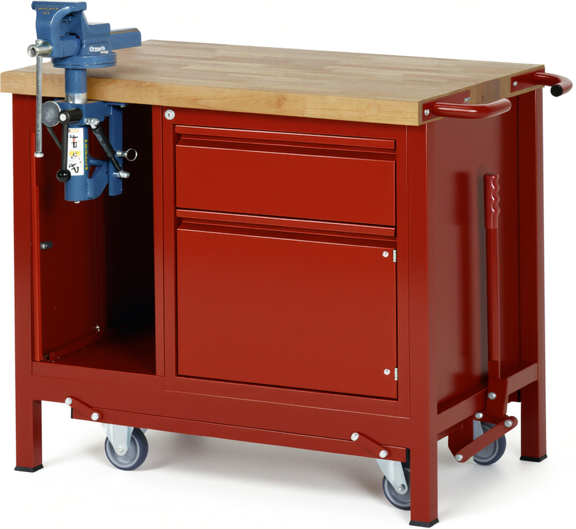 Absenkbare Werkbank - Modell 8181 BASIC rot, BxTxH 1000x700x880 mm,  Buche-Massiv Arbeitsplatte 40 mm,  1 Schublade mit  Auszug 90 %