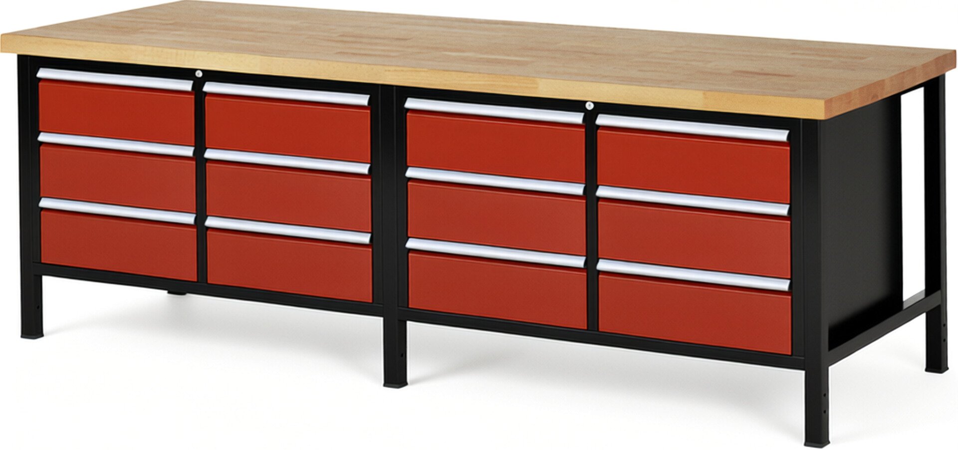 RAU Werkbank schwarz - rot - Breite 250 cm - Tiefe 90 cm - Höhe 104 cm - Buche-Massiv Arbeitsplatte 40 mm