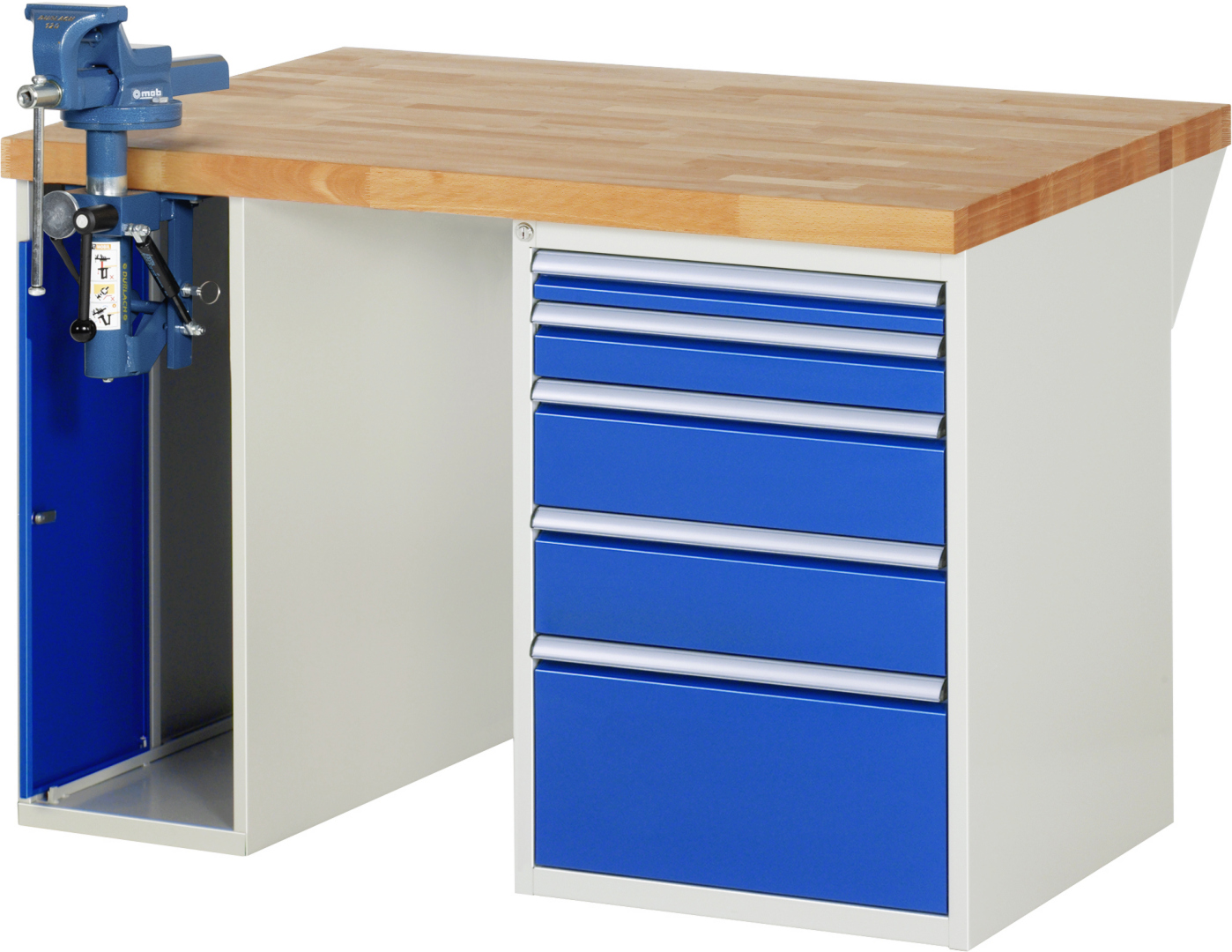 Werkbank Modell 7511 rot - schwarz, BxTxH 1250x900x890 mm,  Buche-Massiv Arbeitsplatte 40 mm,  5 Schubladen mit  Vollauszug 100 % und  SoftClosing