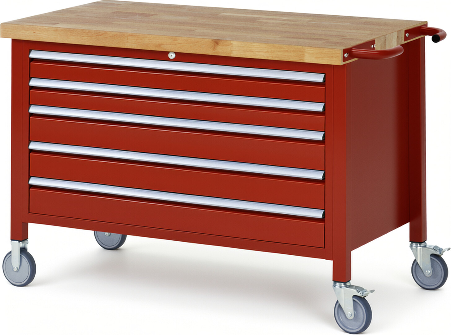 Fahrbare Werkbank Modell 8371 rot, BxTxH 1250x700x880 mm,  Buche-Massiv Arbeitsplatte 40 mm,  5 Schubladen mit  Auszug 90 %
