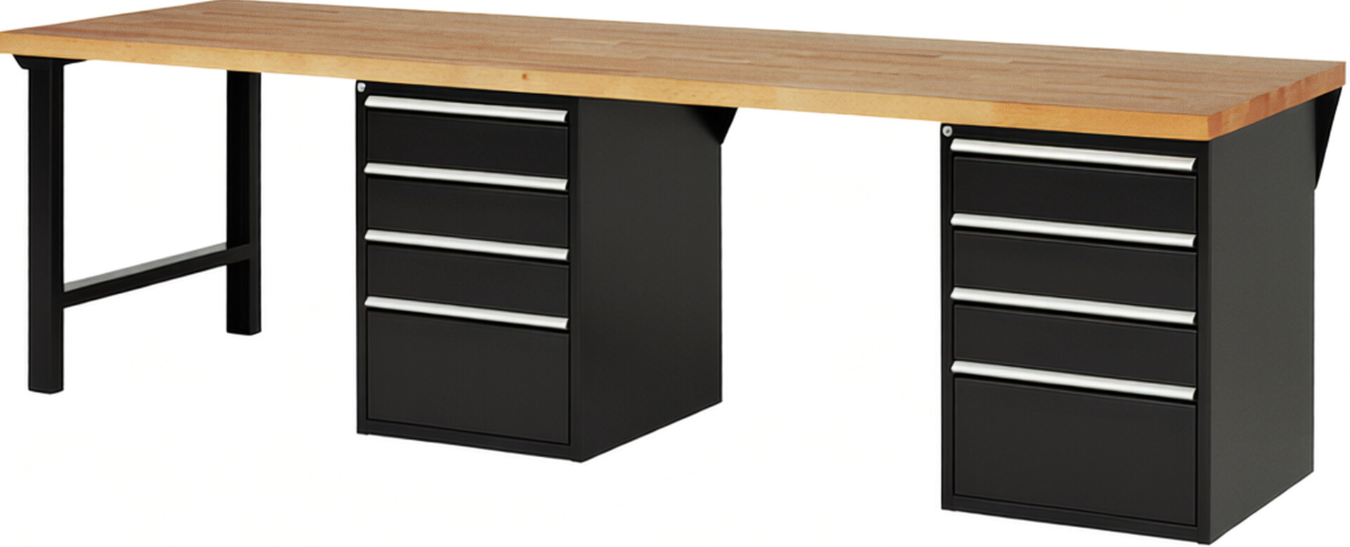 Werkbank Modell 7510 schwarz, BxTxH 3000x900x890 mm,  Buche-Massiv Arbeitsplatte 40 mm,  8 Schubladen mit  Vollauszug 100 % und  SoftClosing