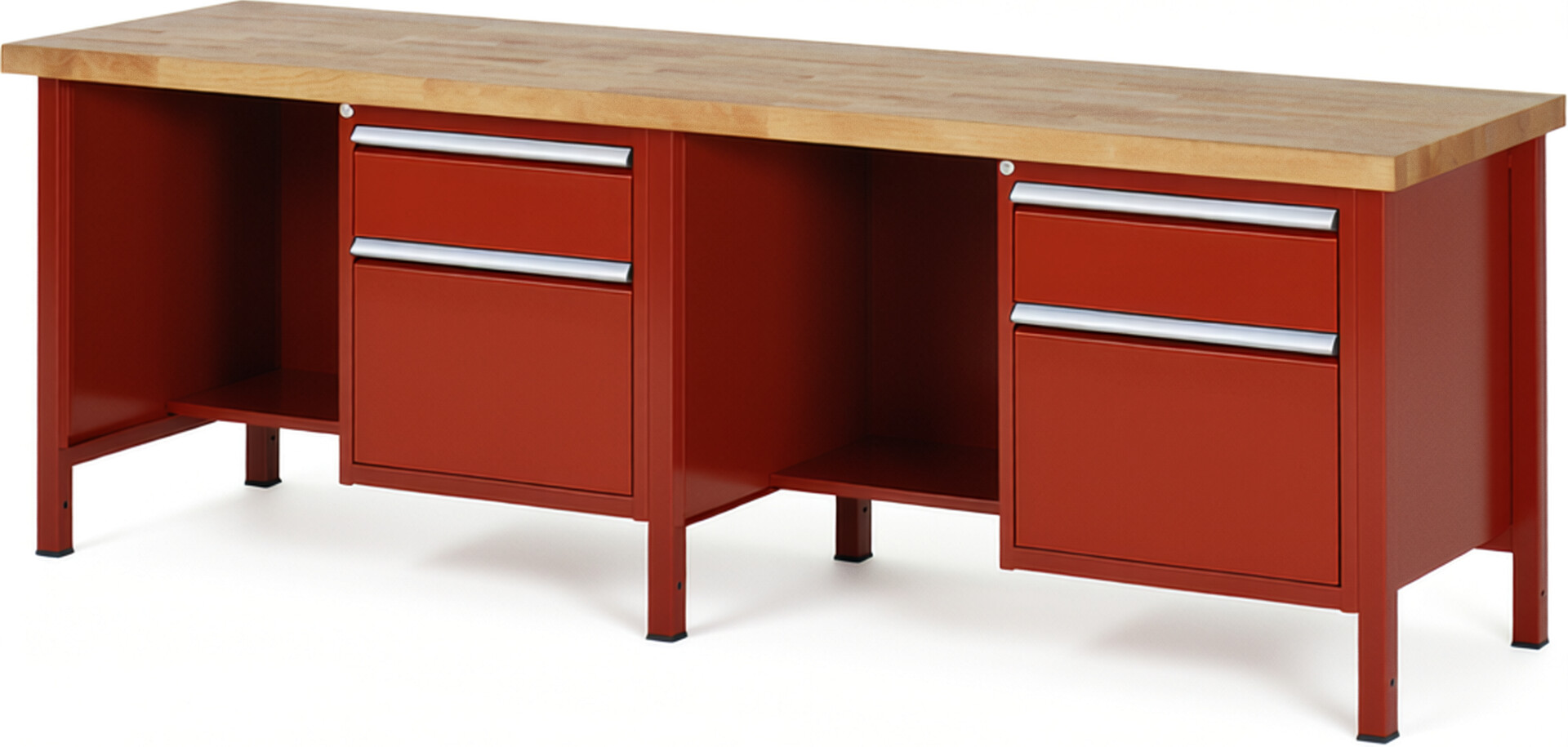 Werkbank Modell 8451 rot, BxTxH 2500x700x840 mm,  Buche-Massiv Arbeitsplatte 40 mm,  4 Schubladen mit  Auszug 90 %