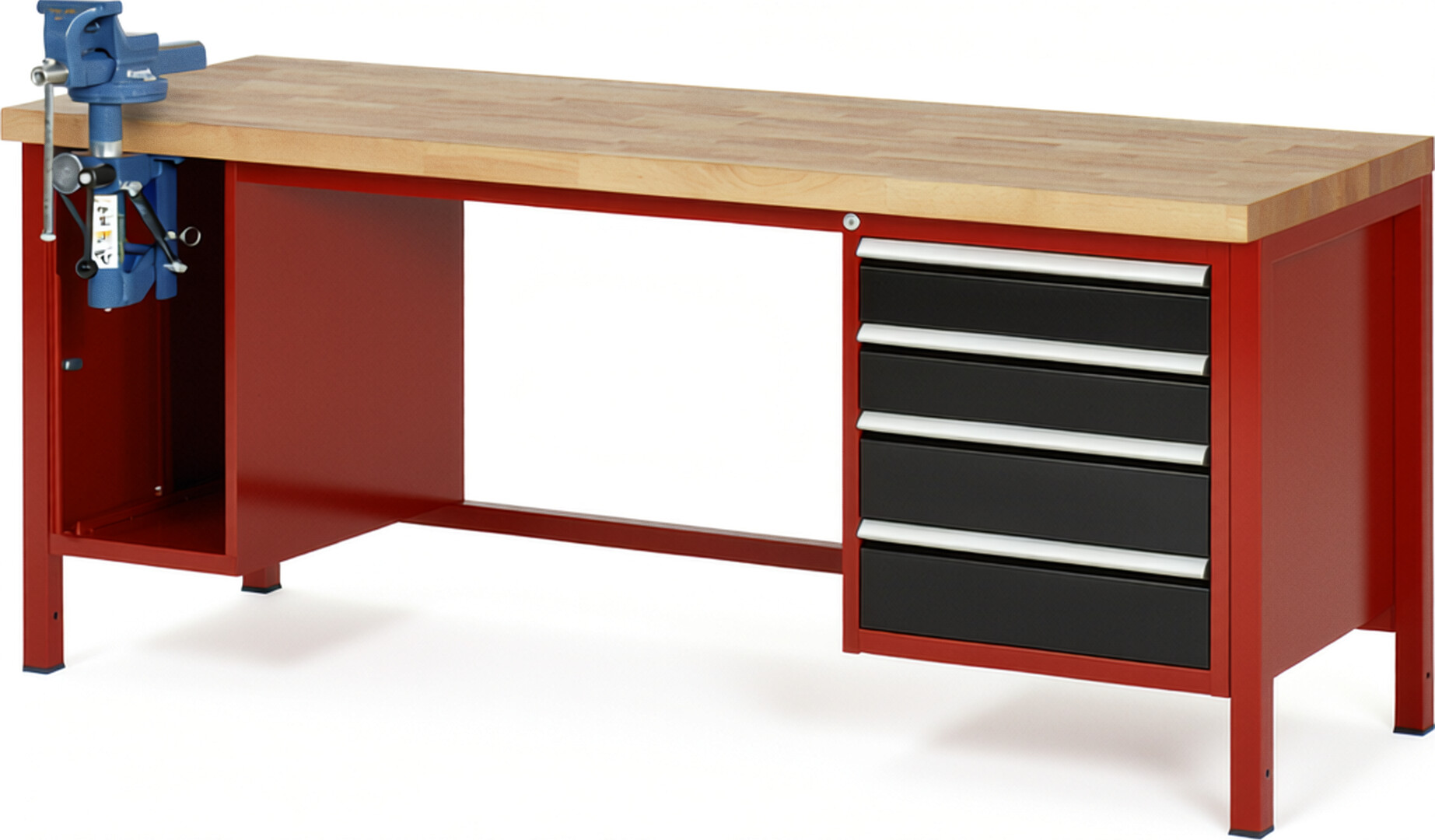 Werkbank Modell 8185 rot - schwarz, BxTxH 2000x700x840-1040 mm,  Buche-Massiv Arbeitsplatte 40 mm,  4 Schubladen mit  Vollauszug 100 % und  SoftClosing