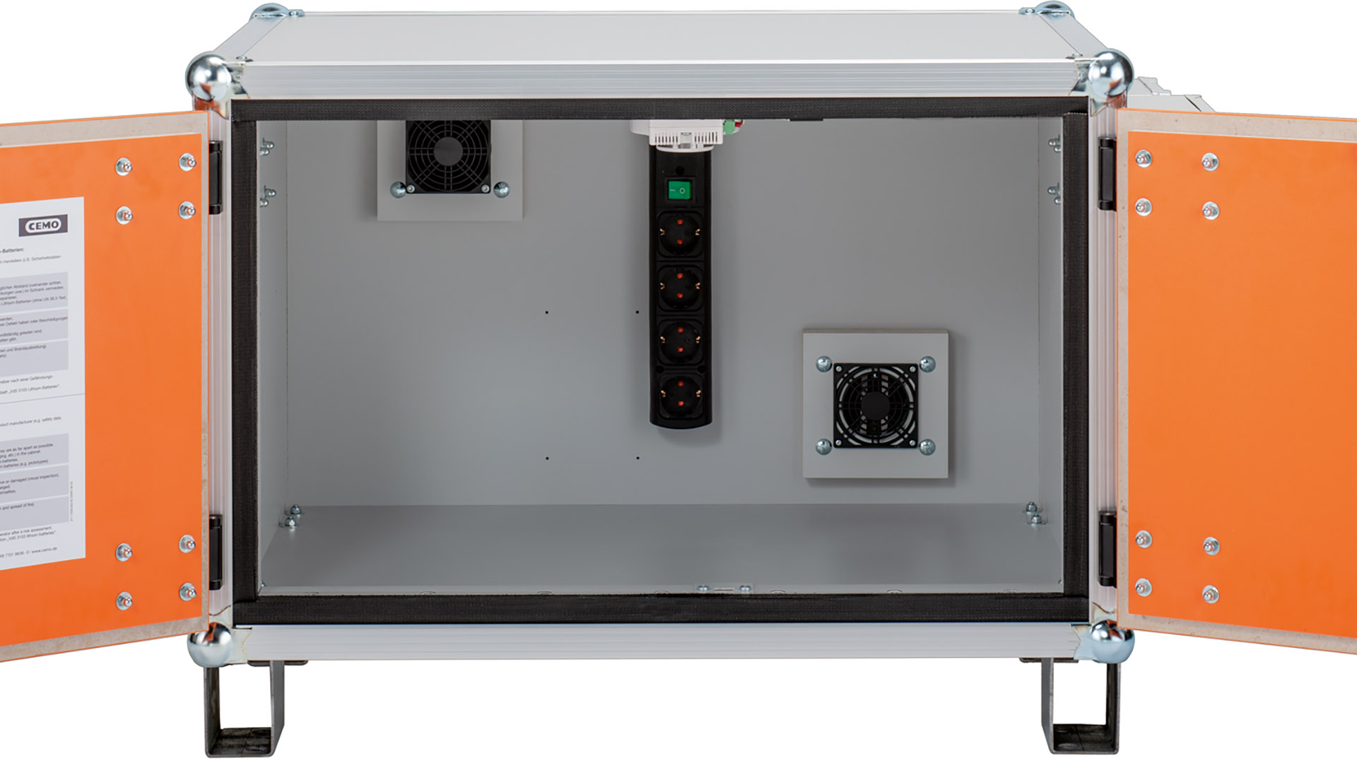 Akku-Ladeschrank, Premium Plus, strombetriebener Rauchmelder, BxTxH 800x660x620mm, Tür orange, Stapelfüße Korpus grau