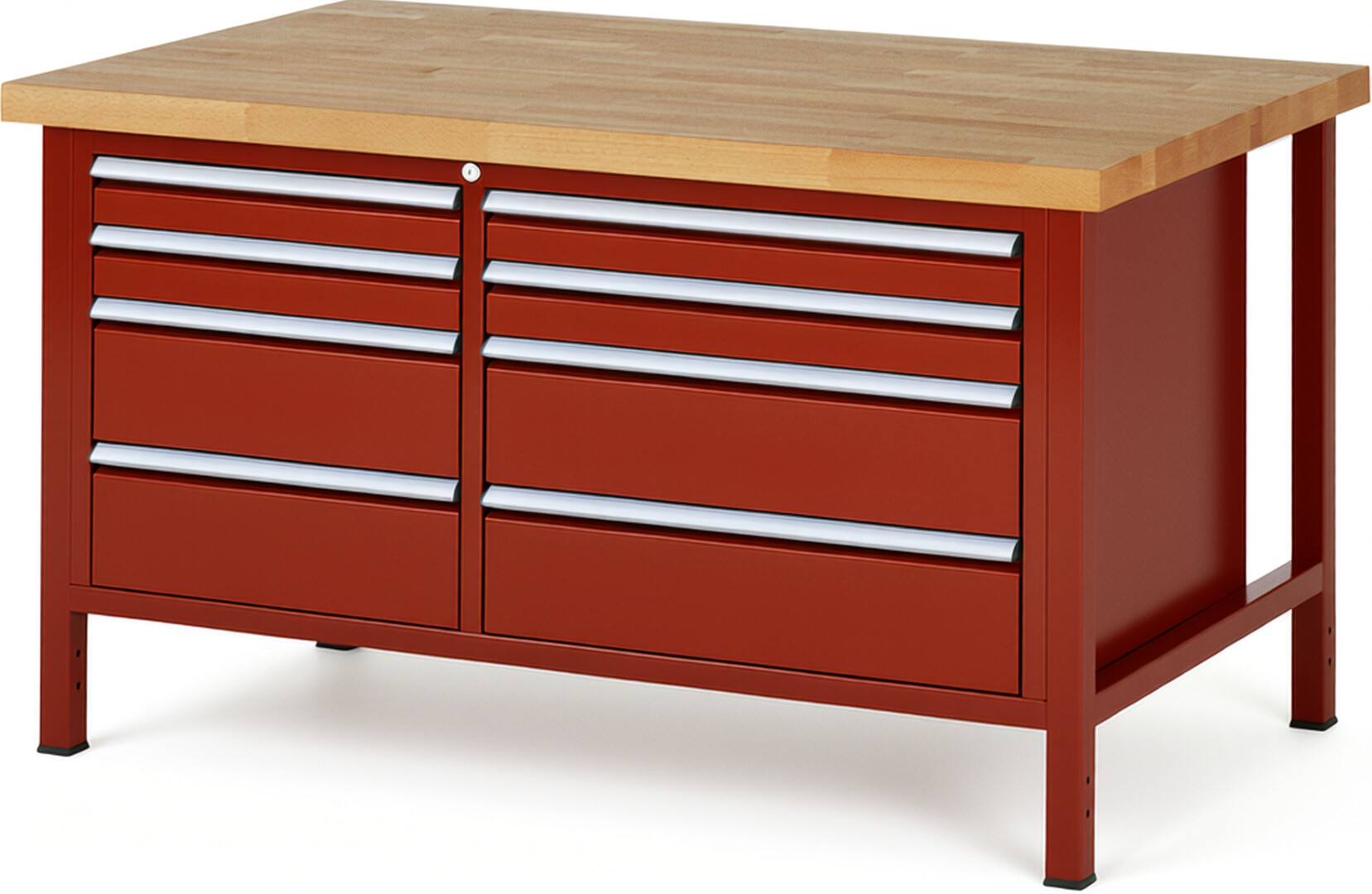 Werkbank Modell 8654 rot, BxTxH 1500x900x840-1040 mm,  Buche-Massiv Arbeitsplatte 40 mm,  8 Schubladen mit  Auszug 90 %