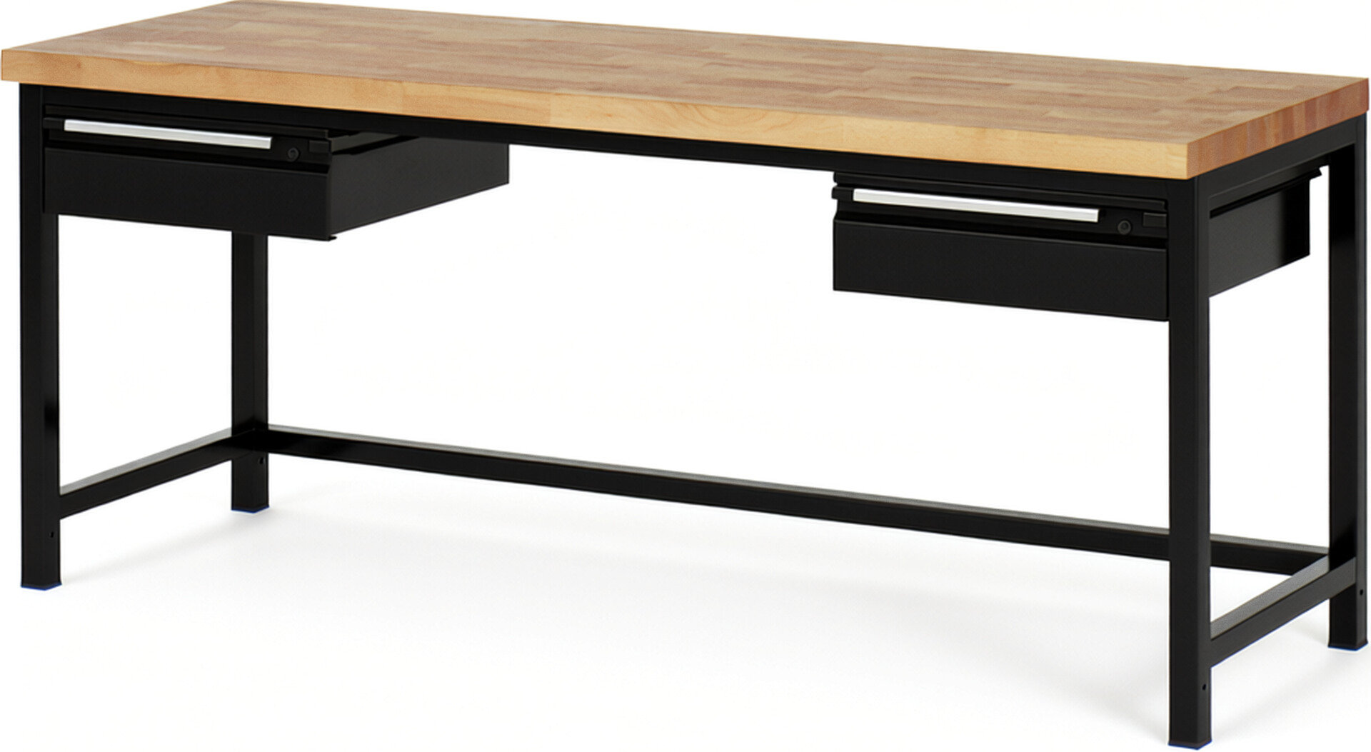 Werkbank - Modell 8002 BASIC schwarz, BxTxH 2000x700x840-1040 mm,  Buche-Massiv Arbeitsplatte 40 mm,  2 Schubladen mit  Auszug 90 %