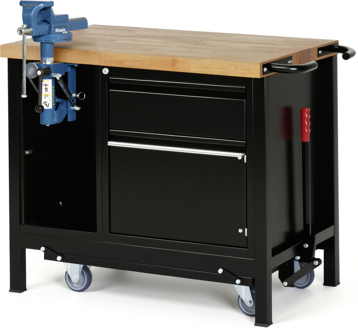 Absenkbare Werkbank - Modell 8181 BASIC schwarz, BxTxH 1000x700x880 mm,  Buche-Massiv Arbeitsplatte 40 mm,  1 Schublade mit  Auszug 90 %