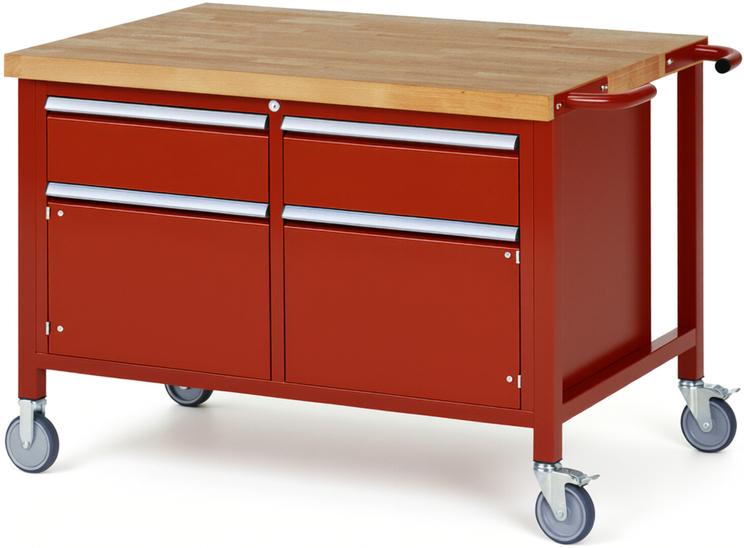 Fahrbare Werkbank Modell 8466 rot, BxTxH 1250x900x880 mm,  Buche-Massiv Arbeitsplatte 40 mm,  2 Schubladen mit  Vollauszug 100 % und  SoftClosing