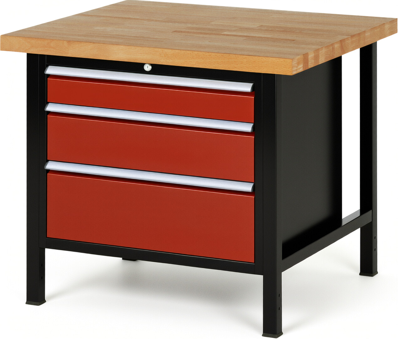 Werkbank Modell 8259 schwarz-rot, BxTxH 1000x900x840-1040 mm,  Buche-Massiv Arbeitsplatte 40 mm,  3 Schubladen mit  Vollauszug 100 % und  SoftClosing