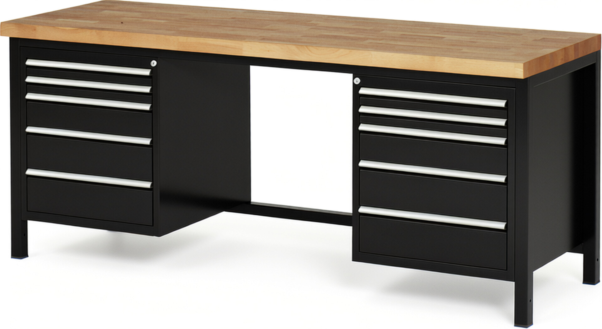 Werkbank Modell 8184 schwarz, BxTxH 2000x700x840-1040 mm,  Buche-Massiv Arbeitsplatte 40 mm,  10 Schubladen mit  Auszug 90 %
