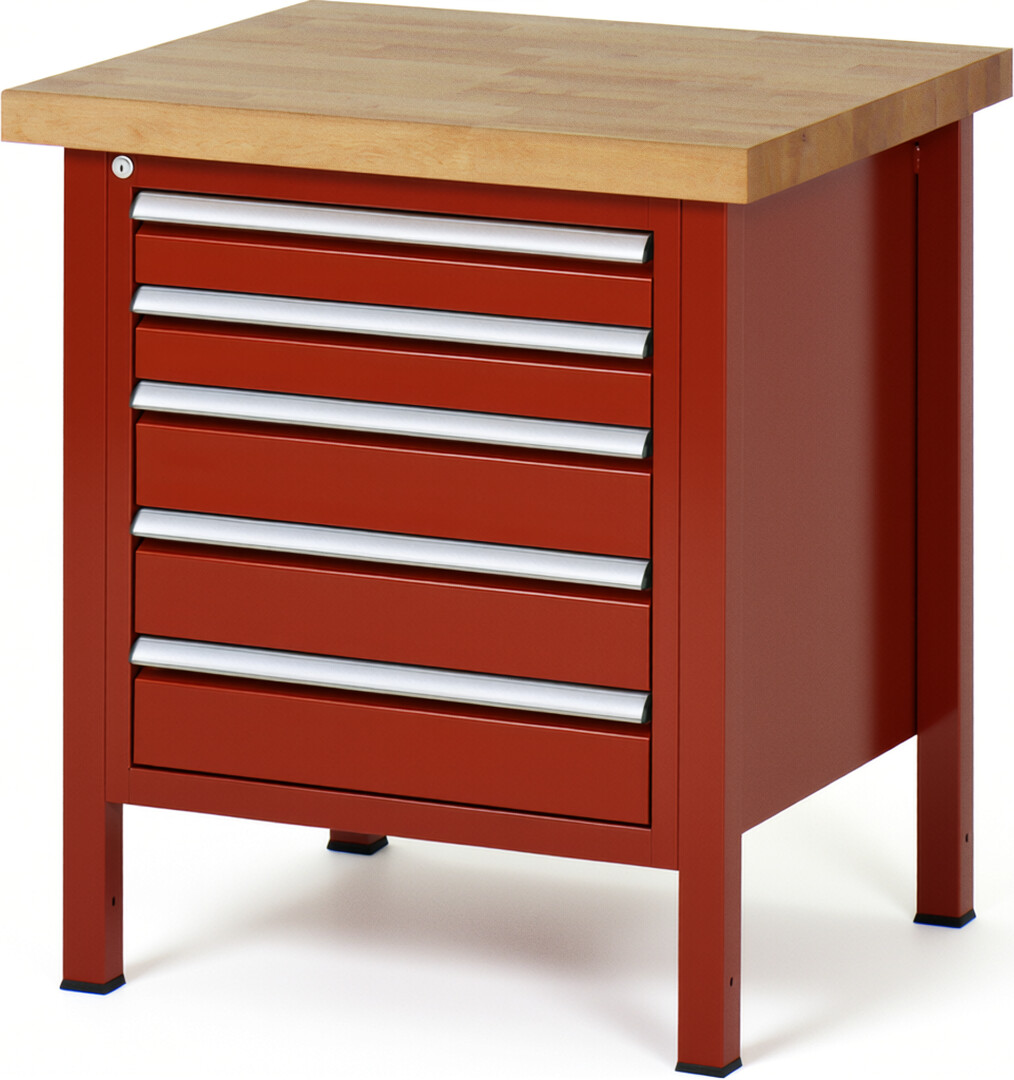 Werkbank Modell 8171 rot, BxTxH 750x700x840-1040 mm,  Buche-Massiv Arbeitsplatte 40 mm,  5 Schubladen mit  Vollauszug 100 % und  SoftClosing