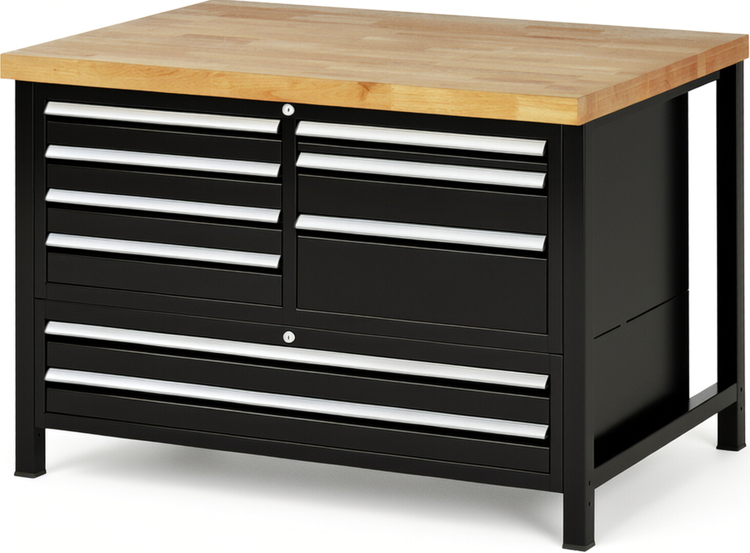 Werkbank Modell 8933 schwarz, BxTxH 1250x900x840-1040 mm,  Buche-Massiv Arbeitsplatte 40 mm,  9 Schubladen mit  Auszug 90 %