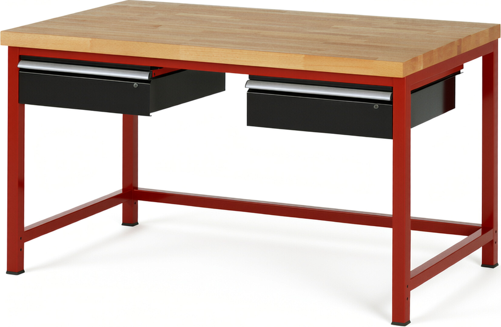 Werkbank Modell 8002 rot - schwarz, BxTxH 1500x900x840-1040 mm,  Buche-Massiv Arbeitsplatte 40 mm,  2 Schubladen mit  Auszug 90 %