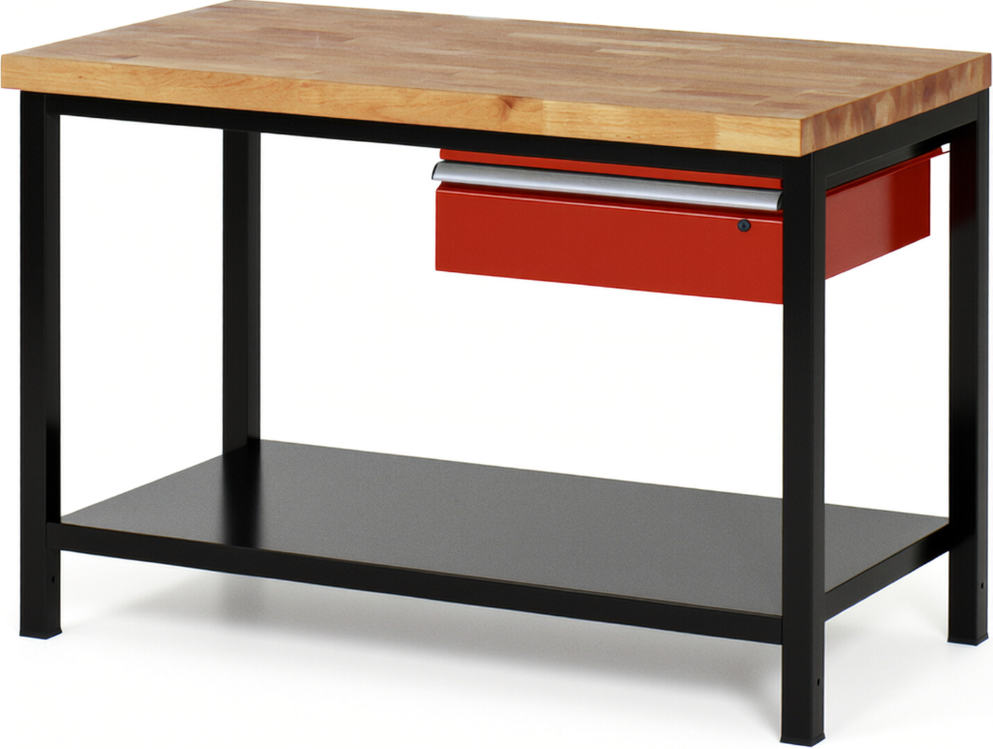 Werkbank Modell 8001 schwarz-rot, BxTxH 1250x700x840 mm,  Buche-Massiv Arbeitsplatte 40 mm,  1 Schublade mit  Auszug 90 %