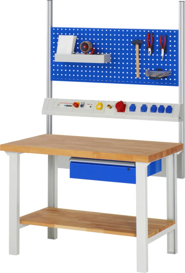 Werkbank Modell 7001,  BxTxH 1500x900x790-1140 mm,  Buche-Massiv Arbeitsplatte 40 mm,  1 Schublade mit  Auszug 90 %