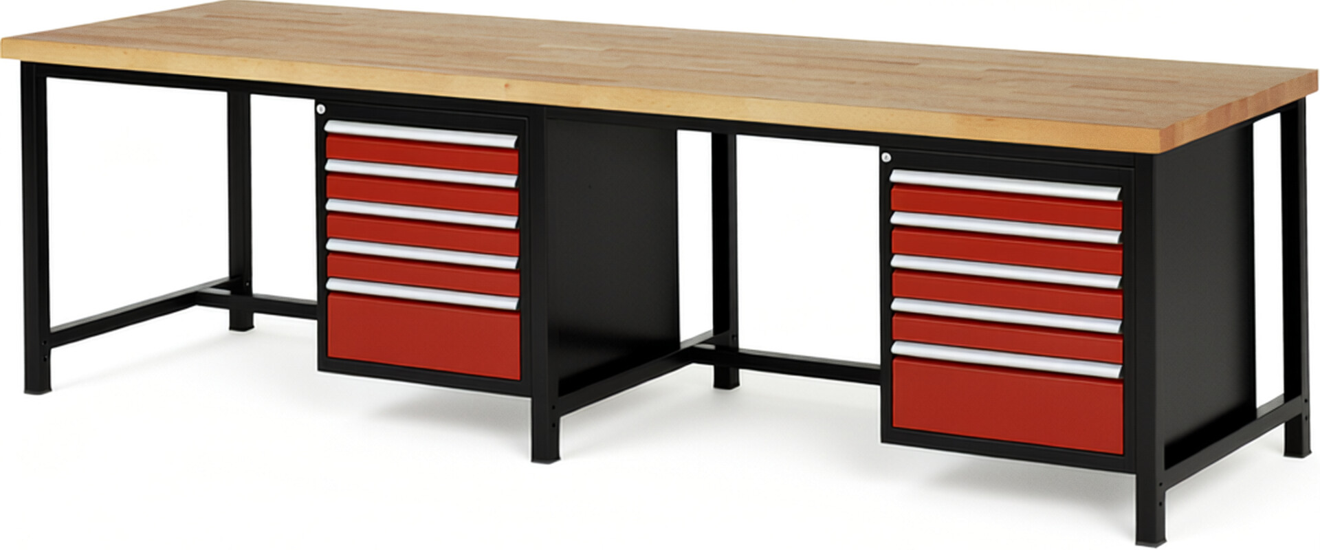 RAU Werkbank schwarz - rot - Breite 300 cm - Tiefe 90 cm - Höhe 104 cm - Buche-Massiv Arbeitsplatte 40 mm